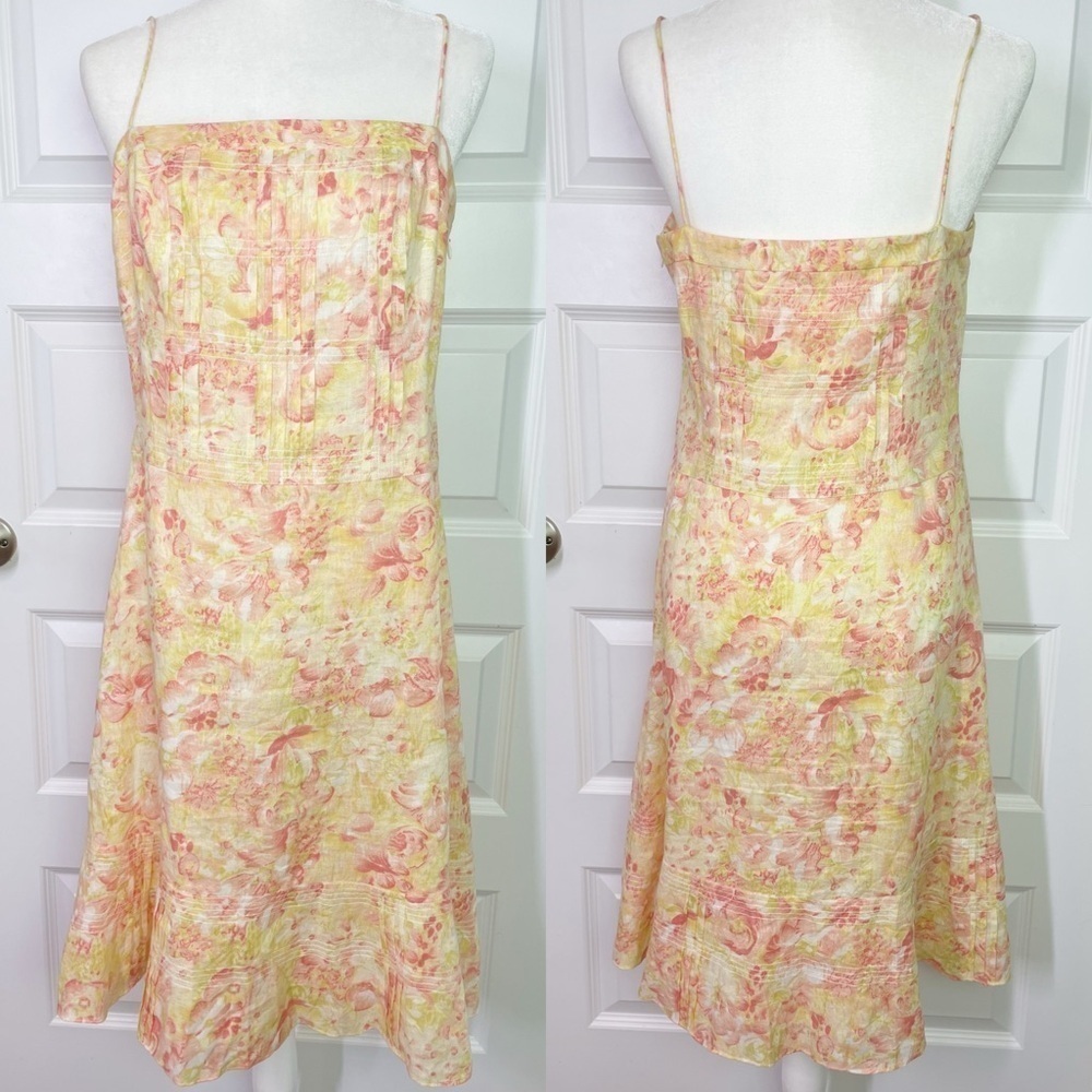 Ann Taylor Womens Pink Yellow Floral 100% Linen Knee Length Sundress Y2K Style